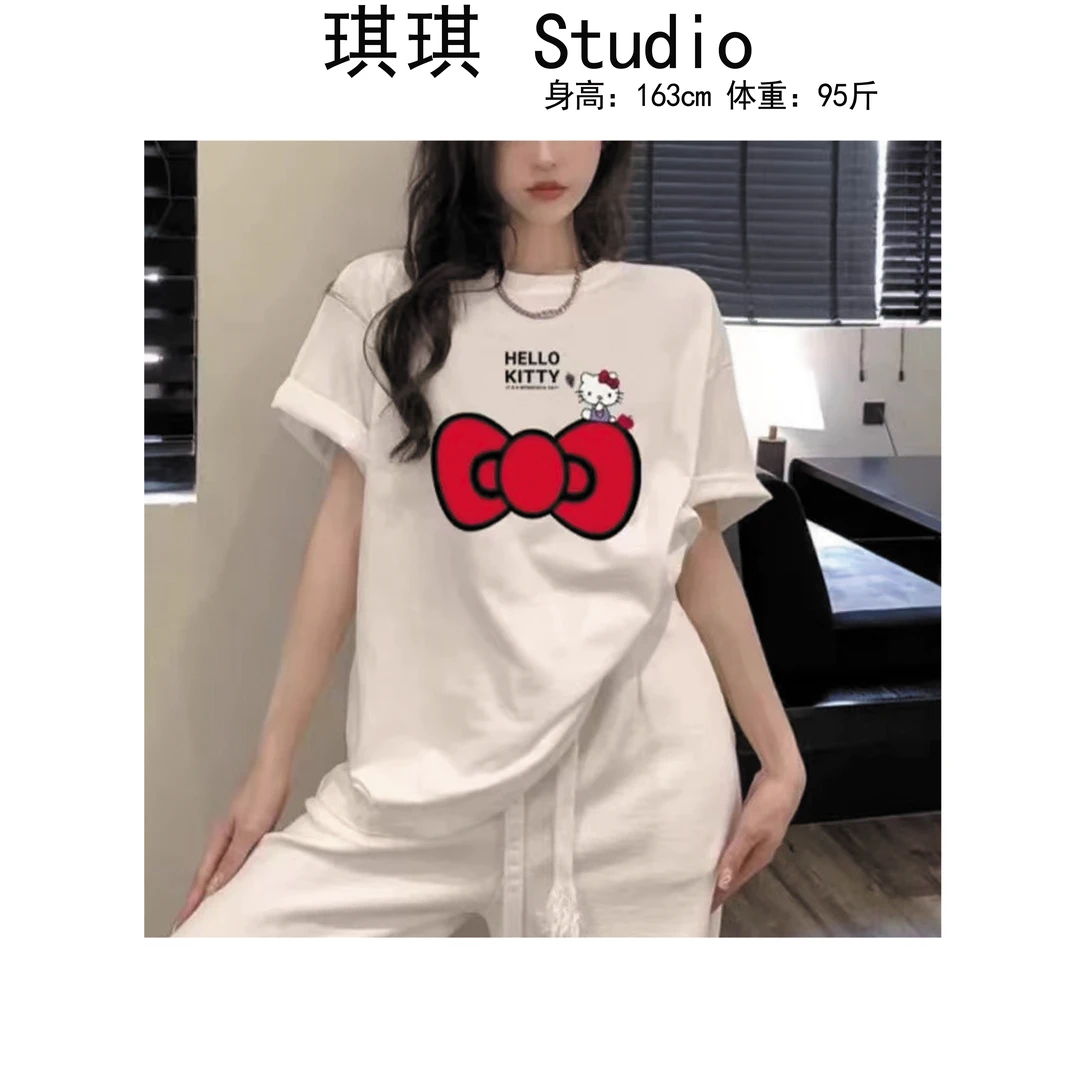 《琪琪家》夏季新款甜美洋气卡通猫咪拼色蝴蝶结减龄休闲百搭短袖-M