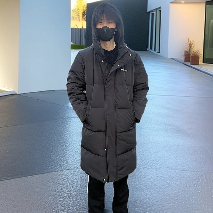 反季2025黑色长款羽绒服运动时尚连帽中长款保暖加厚冬季韩版过膝