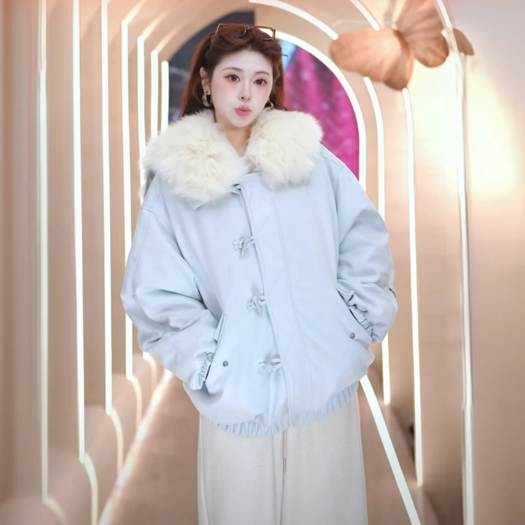 PLUSMALLL 狐狸毛pu皮白鸭绒皮草派克服外套PM2511042