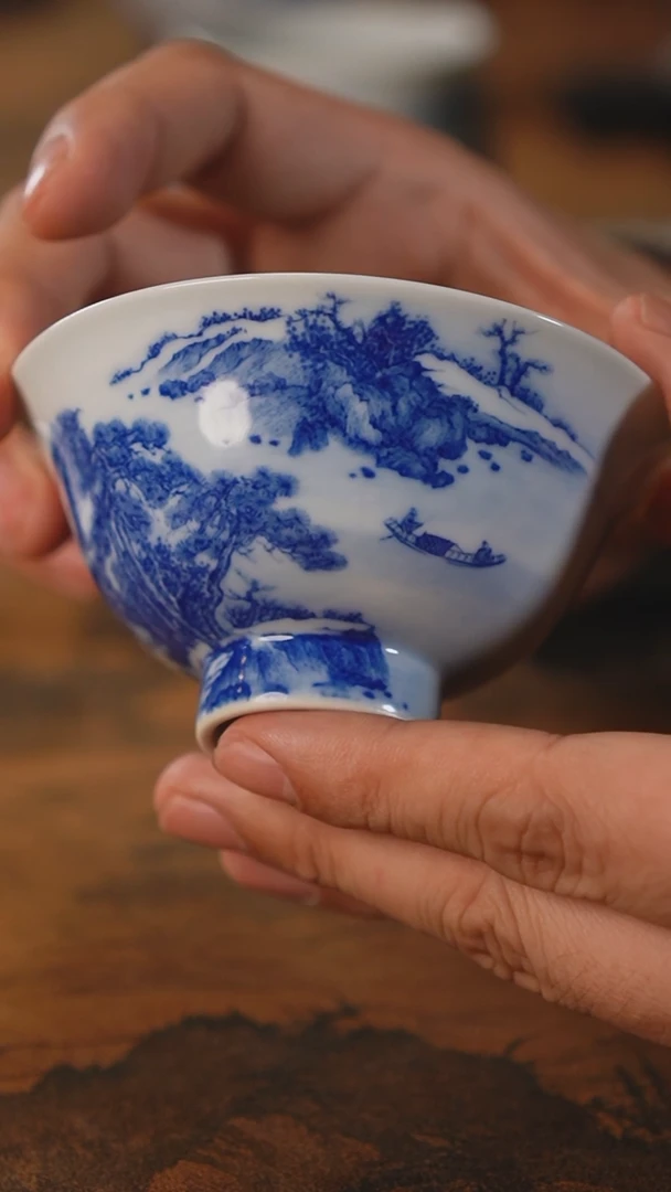 【闪购商品】杯九本造物 青花溪山烟艇图斗笠杯