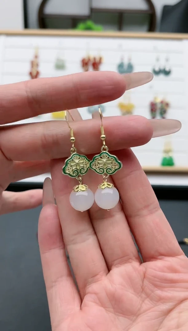 【闪购商品】玛瑙/玉髓耳饰银S925镀金镶嵌8806