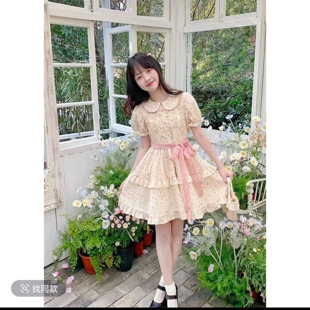 日系甜美软妹娃娃领碎花连衣裙女学生夏季收腰遮肉可爱蓬蓬公主裙