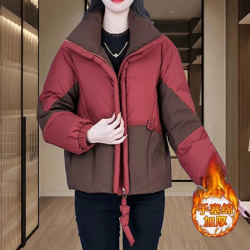 撞色拼接设计感棉服女装2025年冬季新款洋气保暖时髦短款立领外套