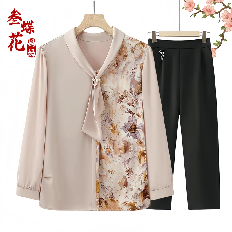 2025新款妈妈春装新款雪纺衬衫上衣服中老年女装长袖小衫薄t恤50