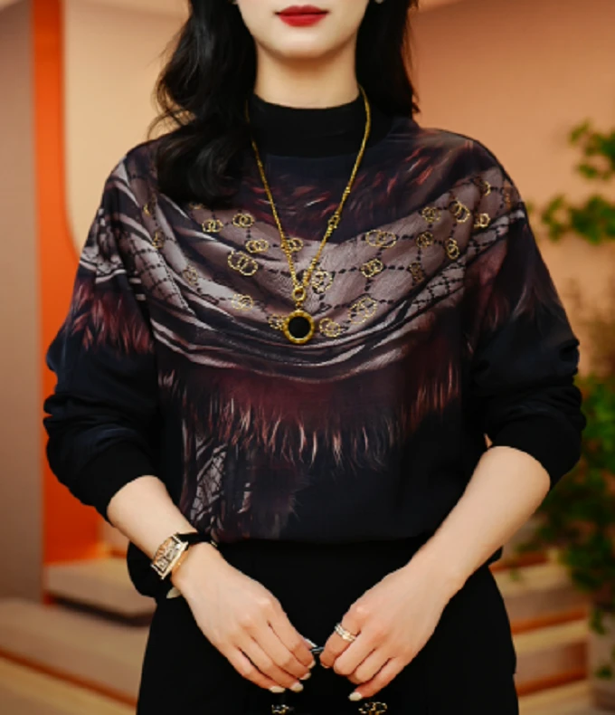 毛领围巾-高端长袖时尚上衣女显瘦显白百搭印花圆领减龄加绒