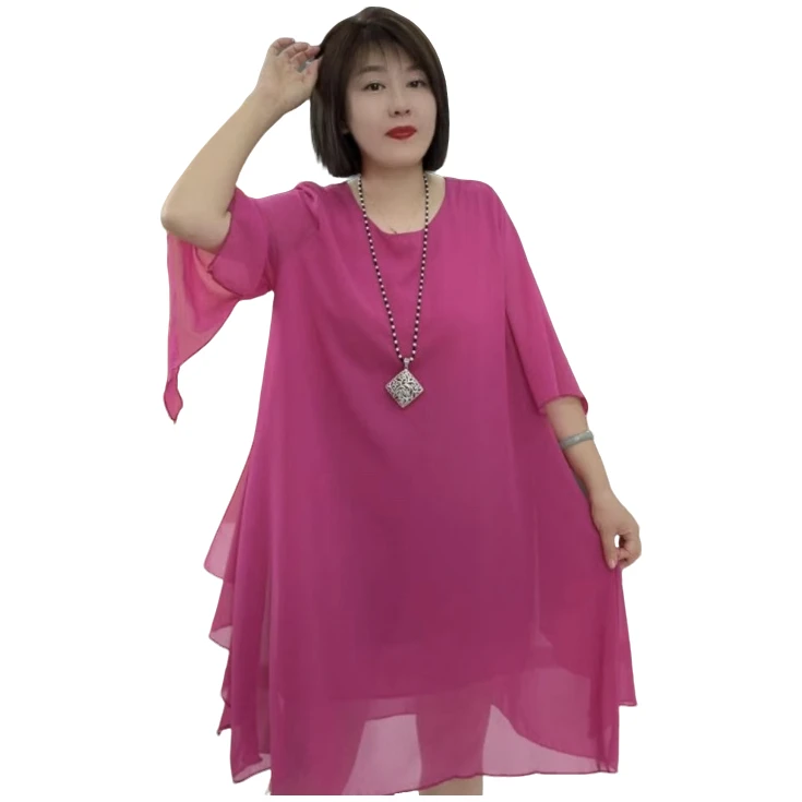 ZS589圆领纯色净版夏季大码侧开叉连衣裙宽松仙气飘飘