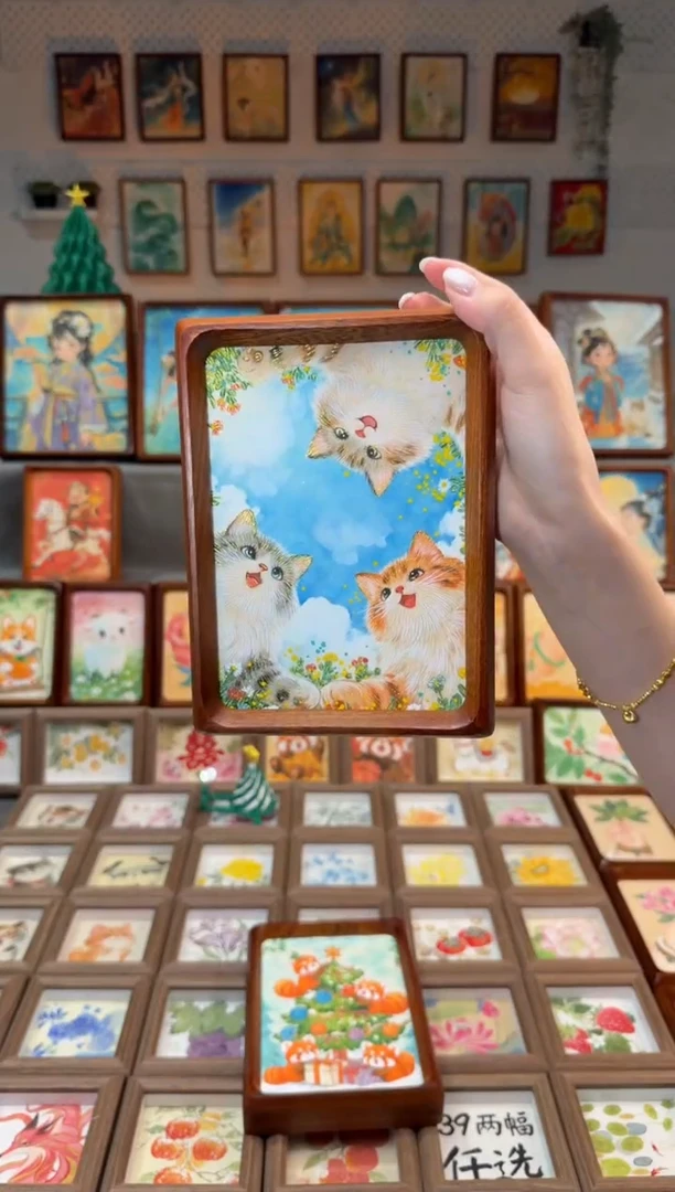 国画三只猫咪 手绘国画7寸