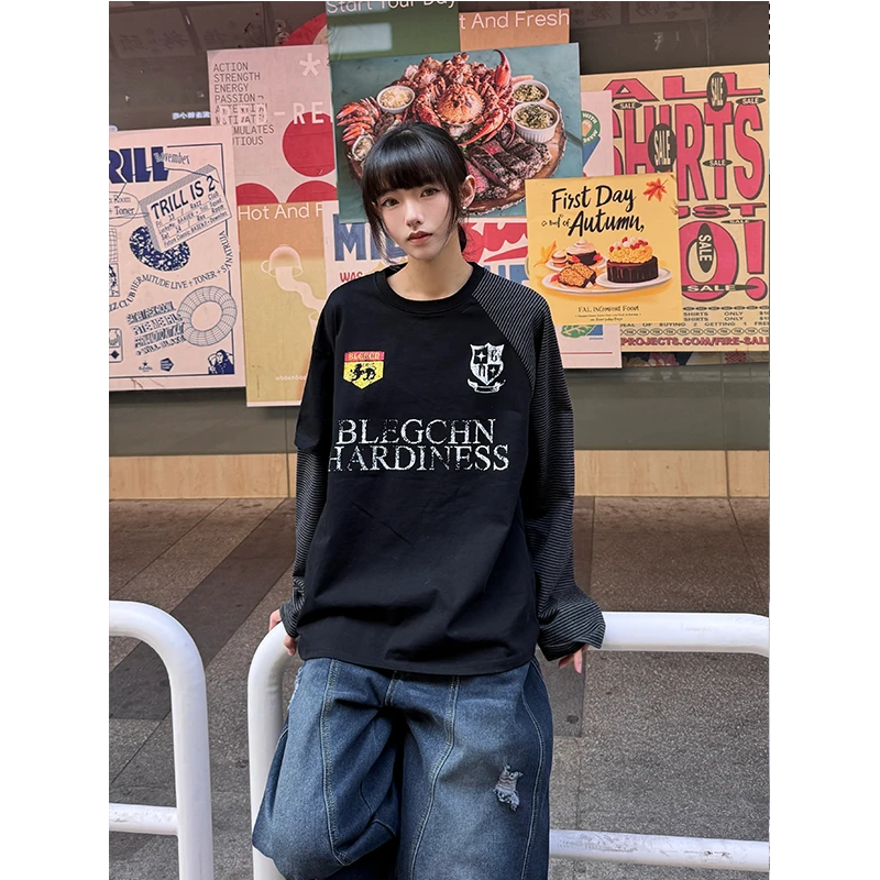 URKR美式复古春款条纹不对称长袖男女圆领T恤字母印花休闲上衣