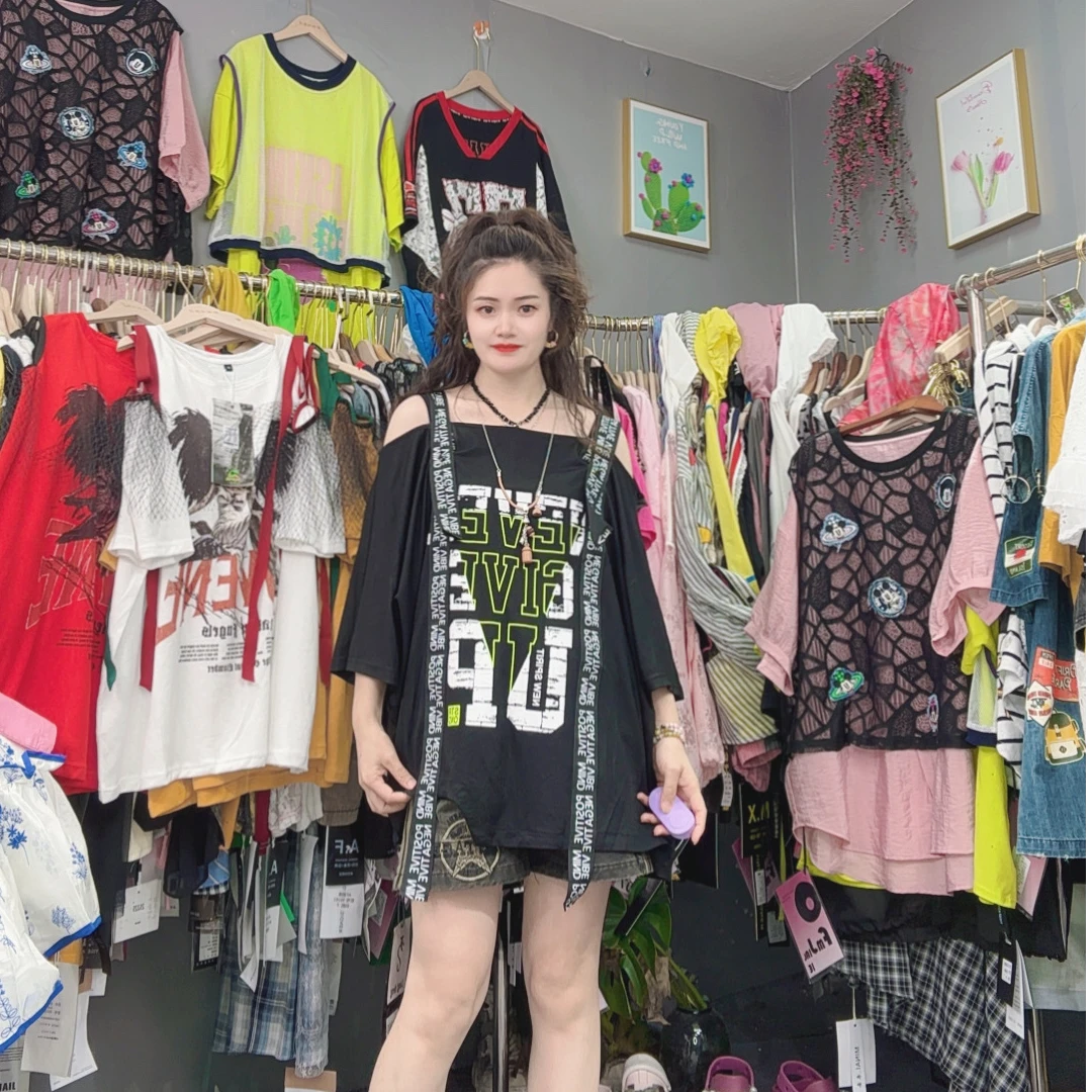 LY家251360#L.D 夏季字母印花吊带露肩宽松休闲百搭T恤