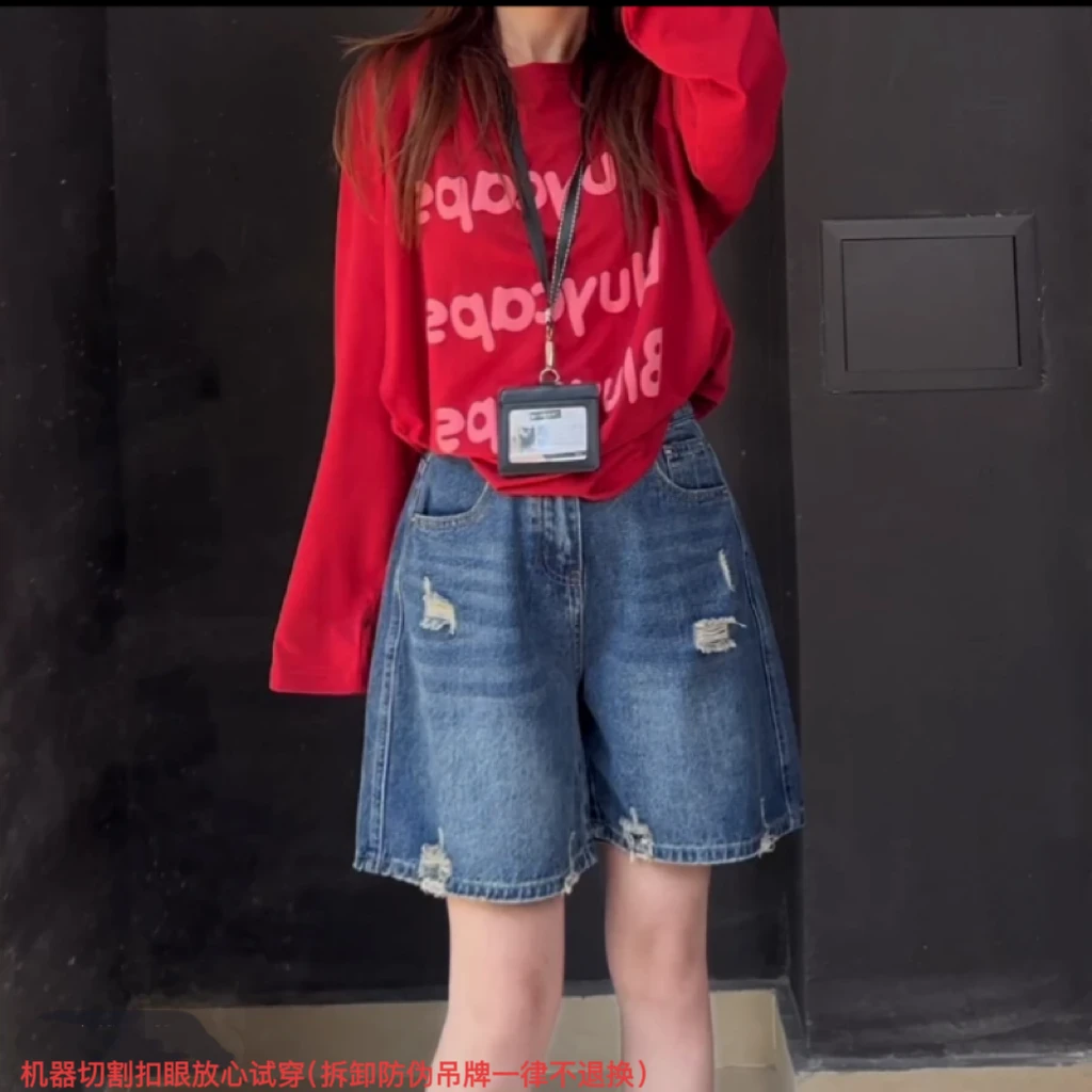 夏季薄款短裤女款高腰A字休闲破洞四分裤显瘦百搭牛仔裤