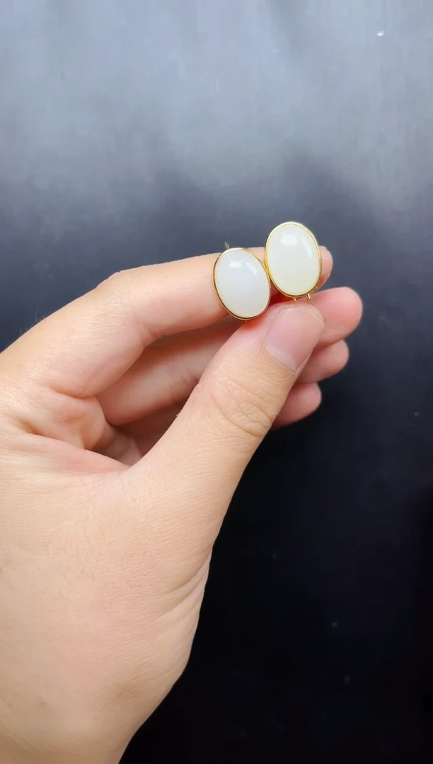 和田玉银S925镶嵌耳饰白玉耳扣06