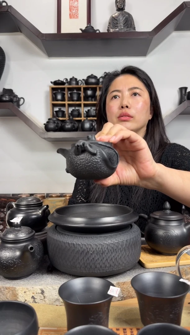 老*童神农黑陶锤纹手抓壶