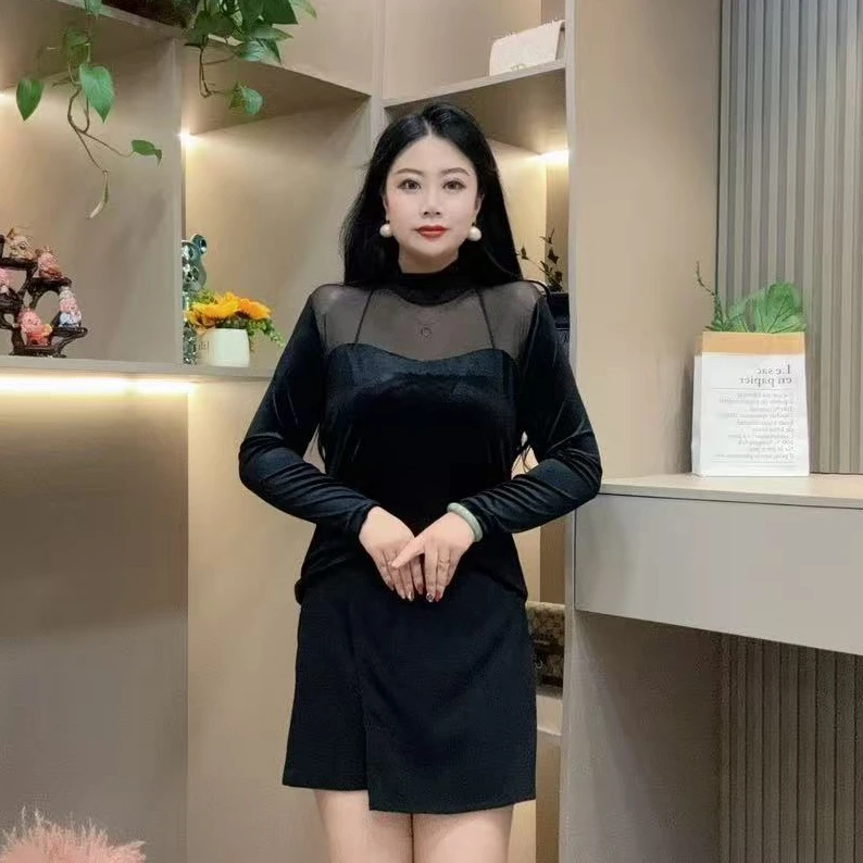 秋季打底衫-檬 秋季新款大码微修身显瘦拼接蕾丝纯欲轻熟风打底衫