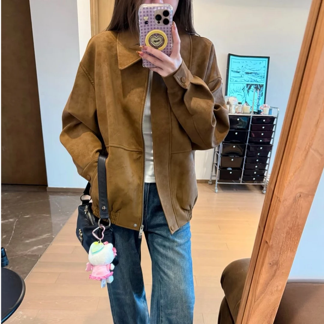 美式复古仿鹿皮绒夹克外套女秋季2025新款休闲宽松翻领中长款上衣