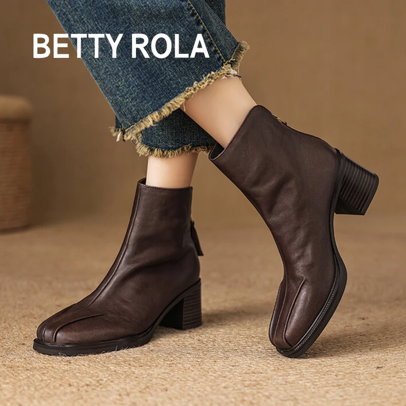 小众设计复古风高跟短靴女粗跟圆头后拉链MD44118N1089