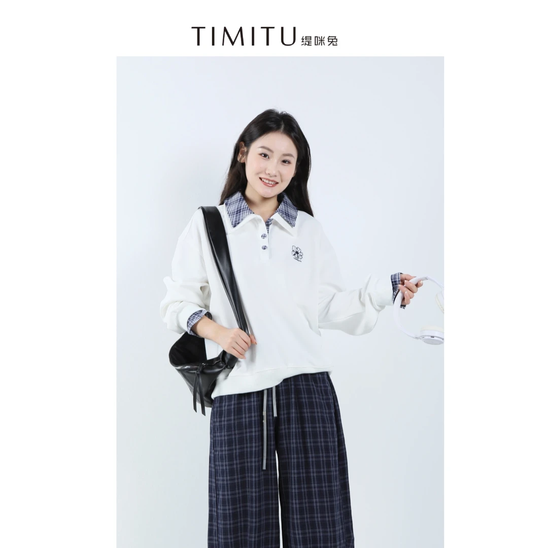 TIMITU缇咪兔25秋学院风衬衫领拼接套头T恤34320010