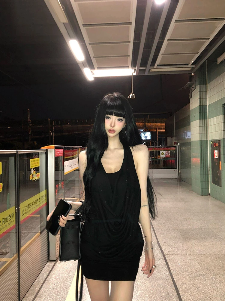 夏季新款气质纯欲风性感细闪荡领连衣裙辣妹收腰显瘦百搭包臀短裙