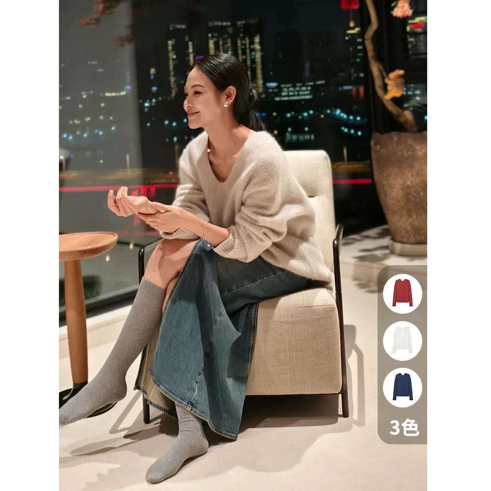 美洋MEIYANG【现货】鲸鱼骨针织衫 狐狸绒羊毛|宽松V领毛衣Super