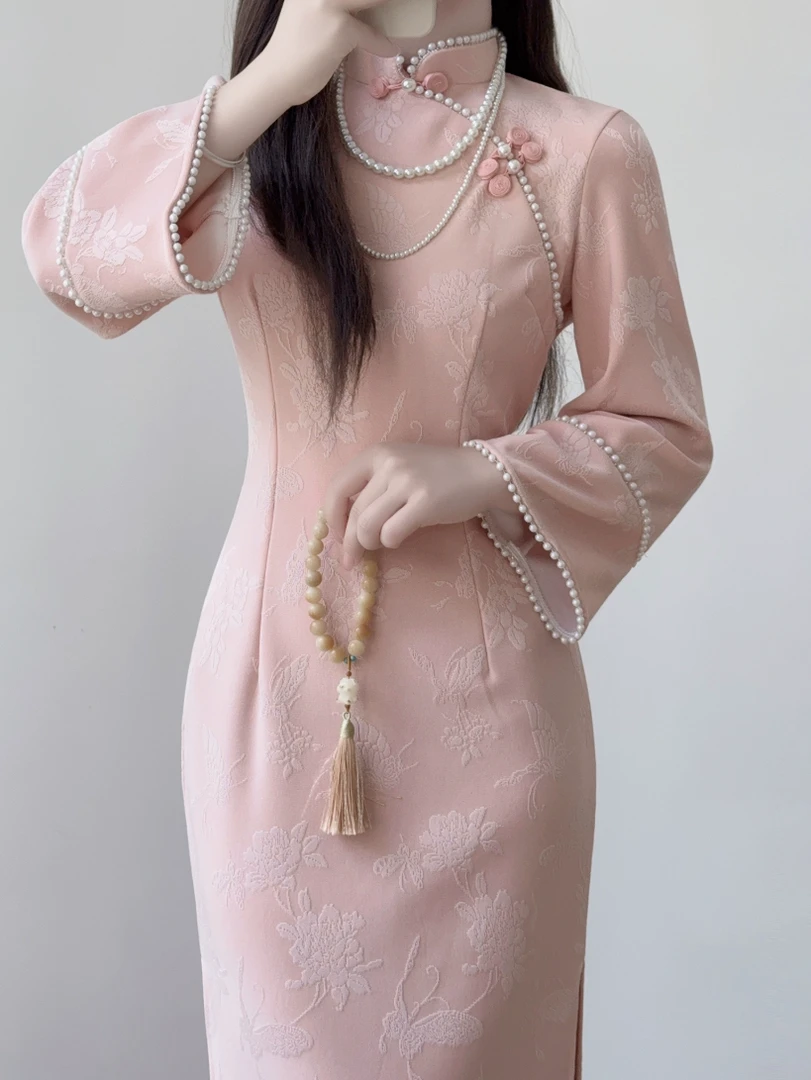 【樱花雪粉】粉色秋季长袖针织旗袍新中式改良日常年轻款气质连衣裙