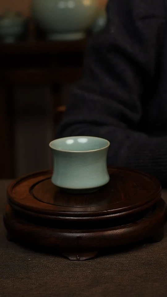 瓷片仿古天青全手工束腰杯100ml 微瑕 不带礼盒