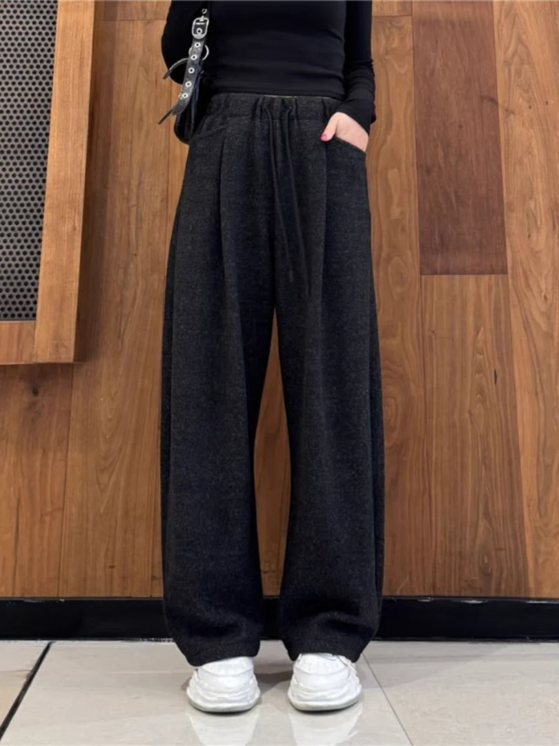 日韩系云朵绒加绒灯笼气球阔腿裤女秋冬松弛休闲弯镰刀香蕉裤