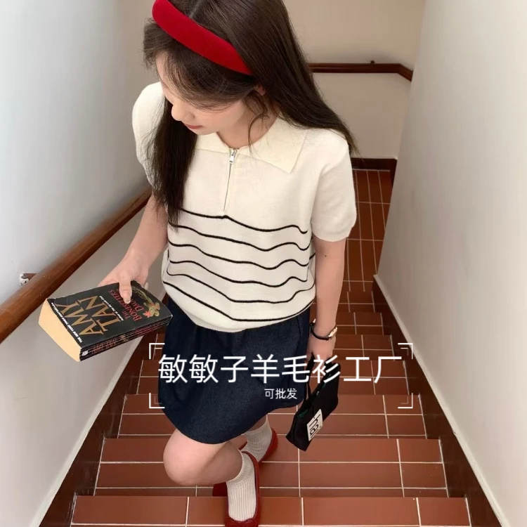 短袖通勤风夏季拼接条纹毛针织衫白色polo休闲翻领洋气撞色