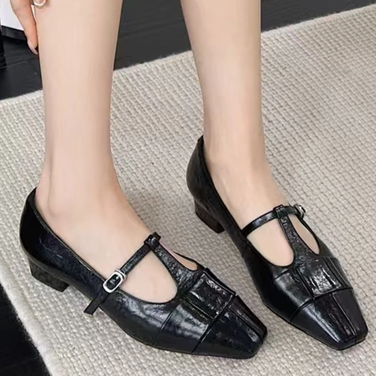 新款牛皮粗跟丁字鞋6255558黑色