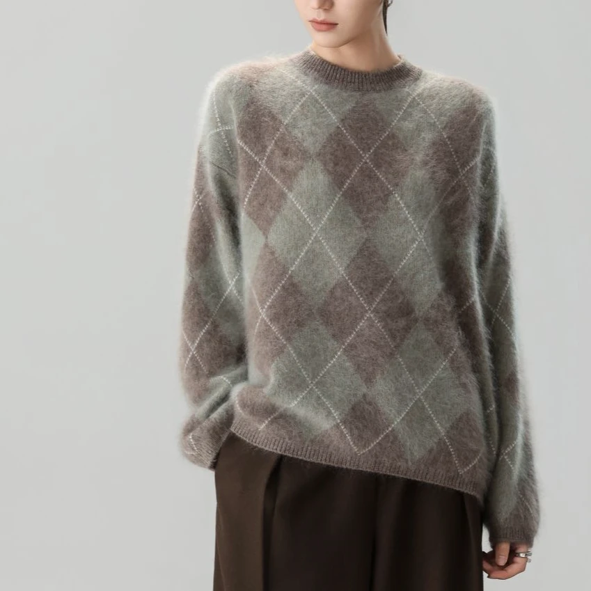 干洗-圆领间色嵌花韩版慵懒时尚女士气质百搭拉毛拉绒套头25056-2