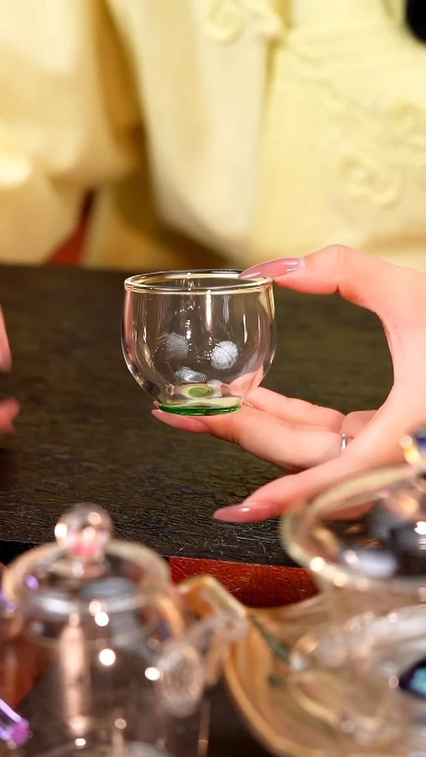 暗香疏影/圆融杯/手工彩璃窨底/湖绿