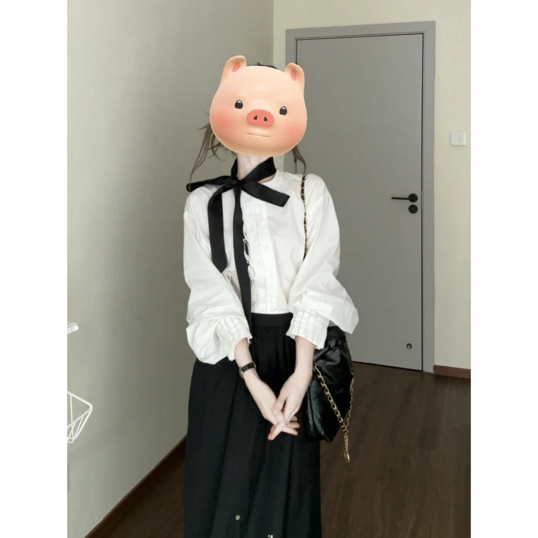 2025秋季新款高级设计感简约圆领长袖衬衫上衣搭高腰百褶半身裙女