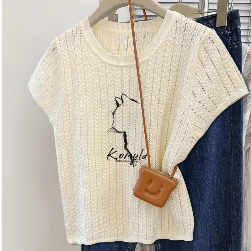 大码女装圆领猫咪印花设计针织衫夏季新款遮肚子洋气短袖上衣1883