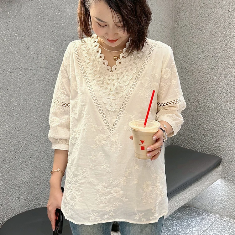 显瘦时尚短袖长袖韩版夏季春季刺绣宽松衬衫气质打底拼接刺绣