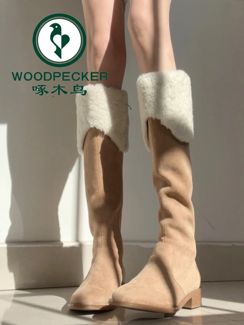 啄木鸟复古粗跟加绒保暖雪地靴女2025秋冬新款法式增高长筒棉靴