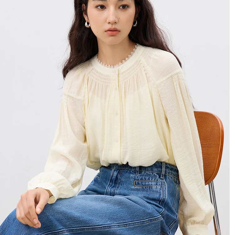 自巧小个子女装轻法式盐系长袖衬衫红色浪漫肌理感衬衣 25ZQ91201
