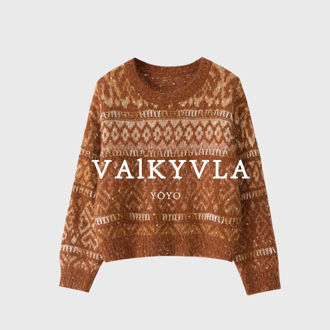 【Valkyvia/悠悠奢品】银丝羊毛水貂毛圆领提花毛衣msl1272