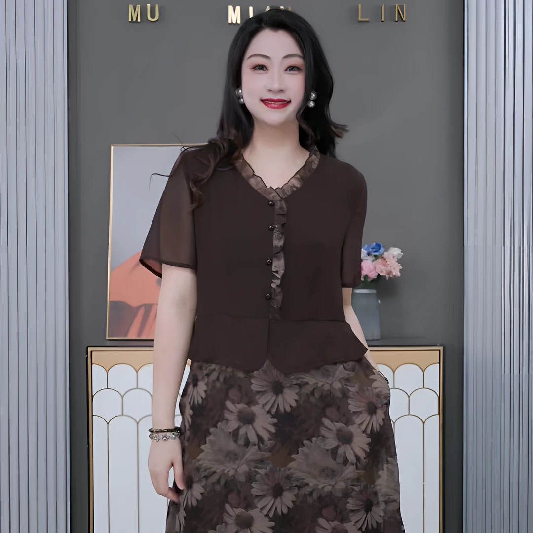 木棉林大码女装气质2025年新款减龄时尚碎花裙宽松遮肚裙240686