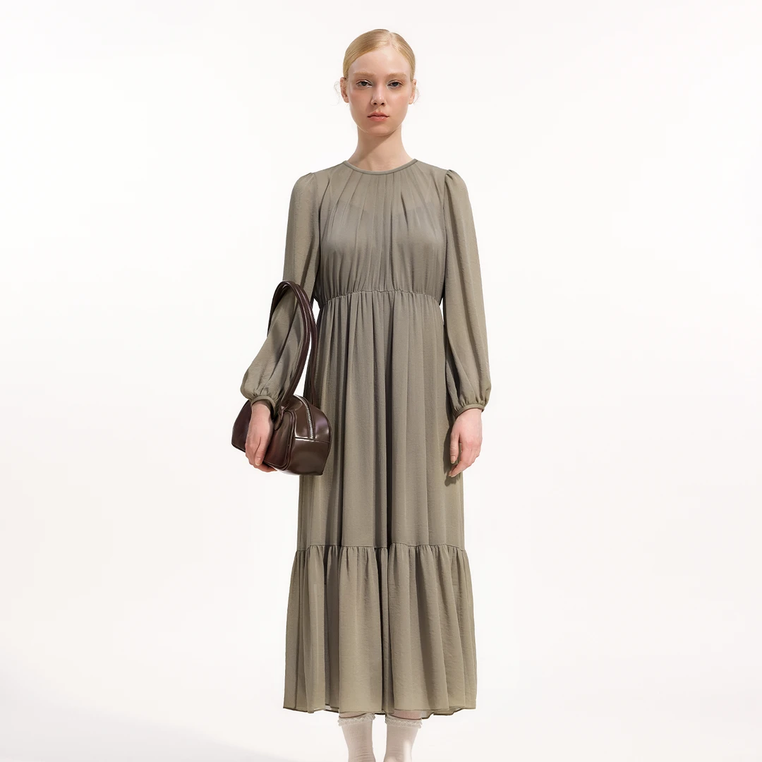 Eachway/艺之卉【可可专属】25新款苔绿三醋酸飘逸连衣裙EV31L04618