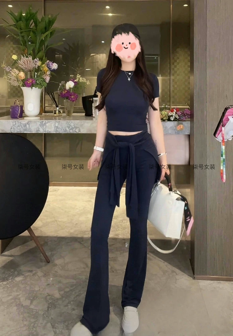 夏季时尚洋气正肩圆领短袖上衣系腰假两件显瘦百搭微喇叭长裤套装