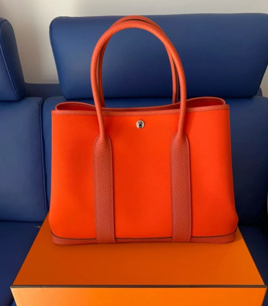 95新 Hermes/爱马仕 棕色皮拼橙色帆布36花园手提包 X刻2016