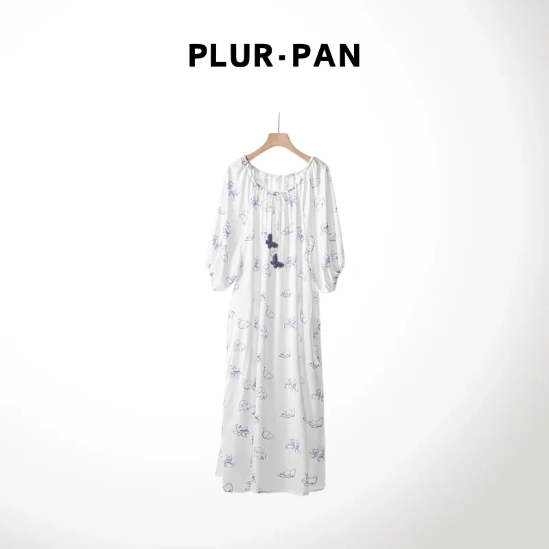 PLUR·PAN星光缎面紫色满印可爱小动物薄款睡裙