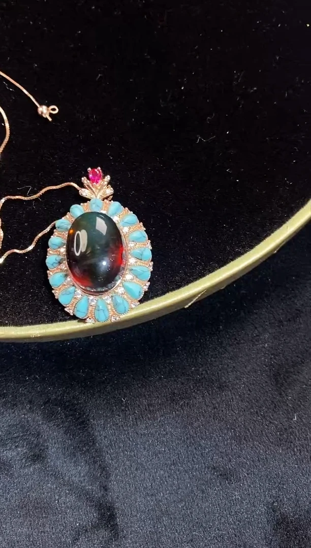 【闪购商品】琥珀裸石银S925镶嵌墨西哥红蓝珀吊坠