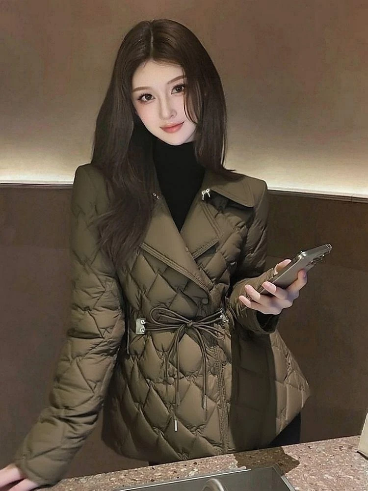 2025新款巨好看的绿色菱格收腰显瘦不臃肿夹棉棉衣棉服外套女冬装