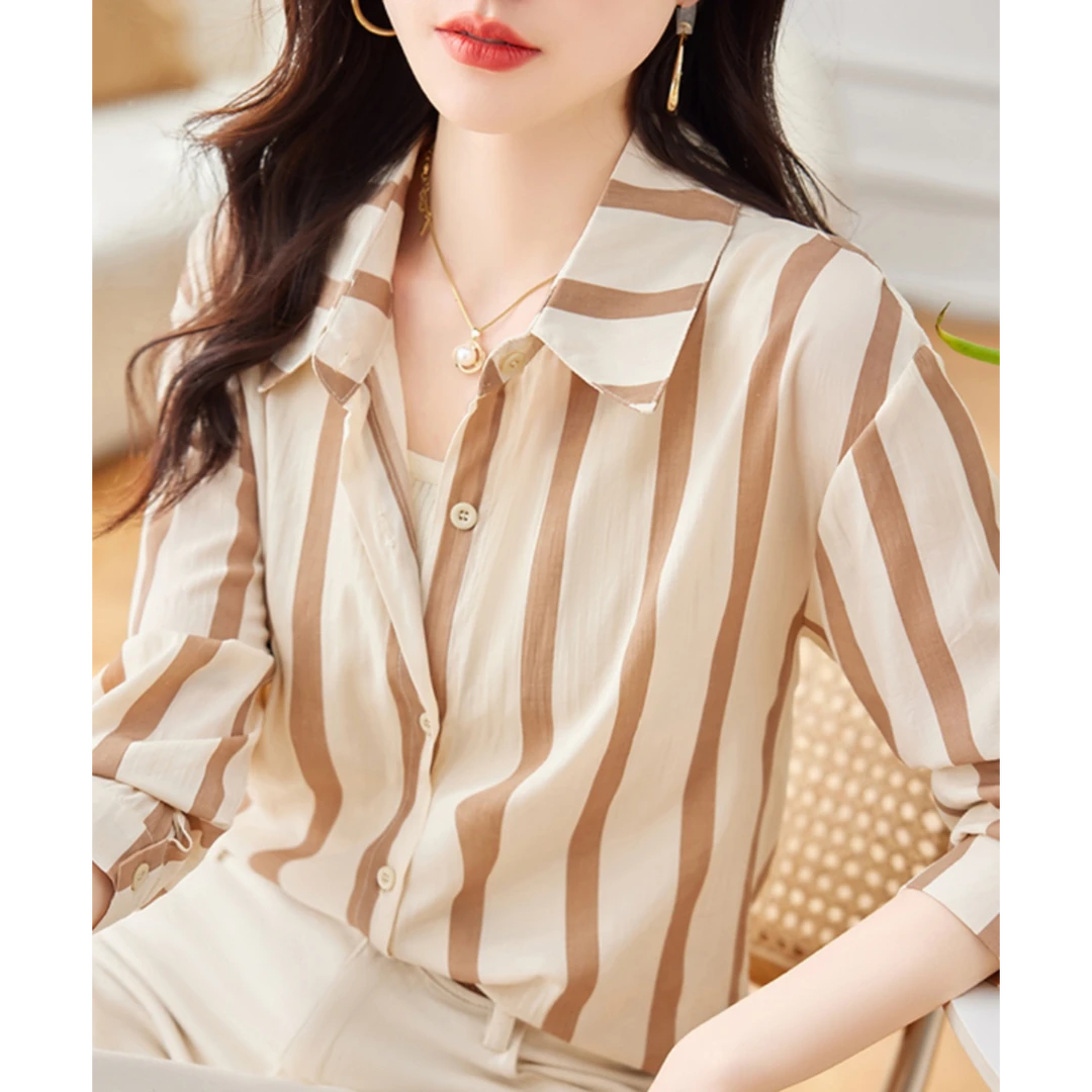 条纹雪纺衬衫女士装春季2025年新款春秋洋气上衣时尚小衫长袖衬衣