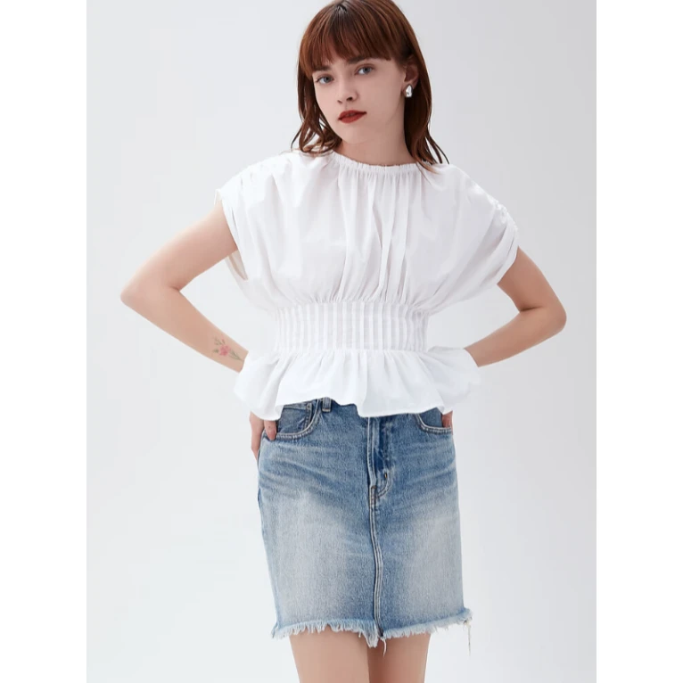 【Montendre】 23夏新款 M 抽褶飞飞袖碎花设计荷叶边衬衫牛仔