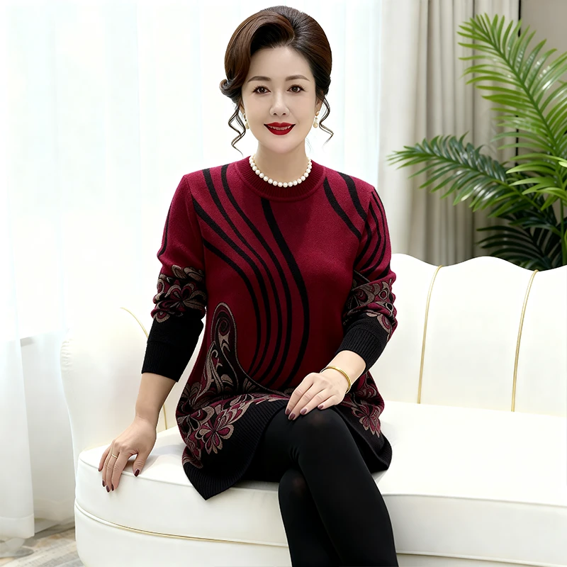 现货+运费宽松显瘦中长款针织衫女中年妈妈时尚洋气减龄保暖毛衣