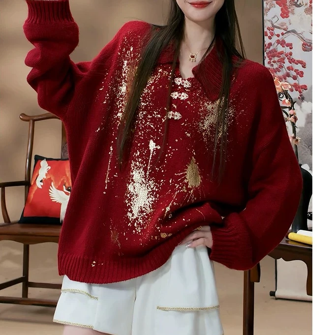 范有名网红针织时尚红色宽松加厚圆领秋冬上衣