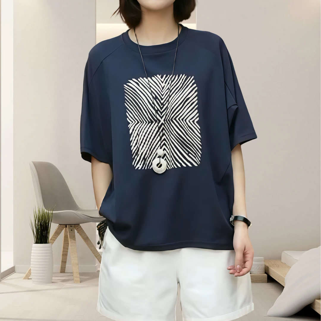 圆领短袖T恤女生2025夏季新款时尚印花设计宽松显瘦休闲气质上衣