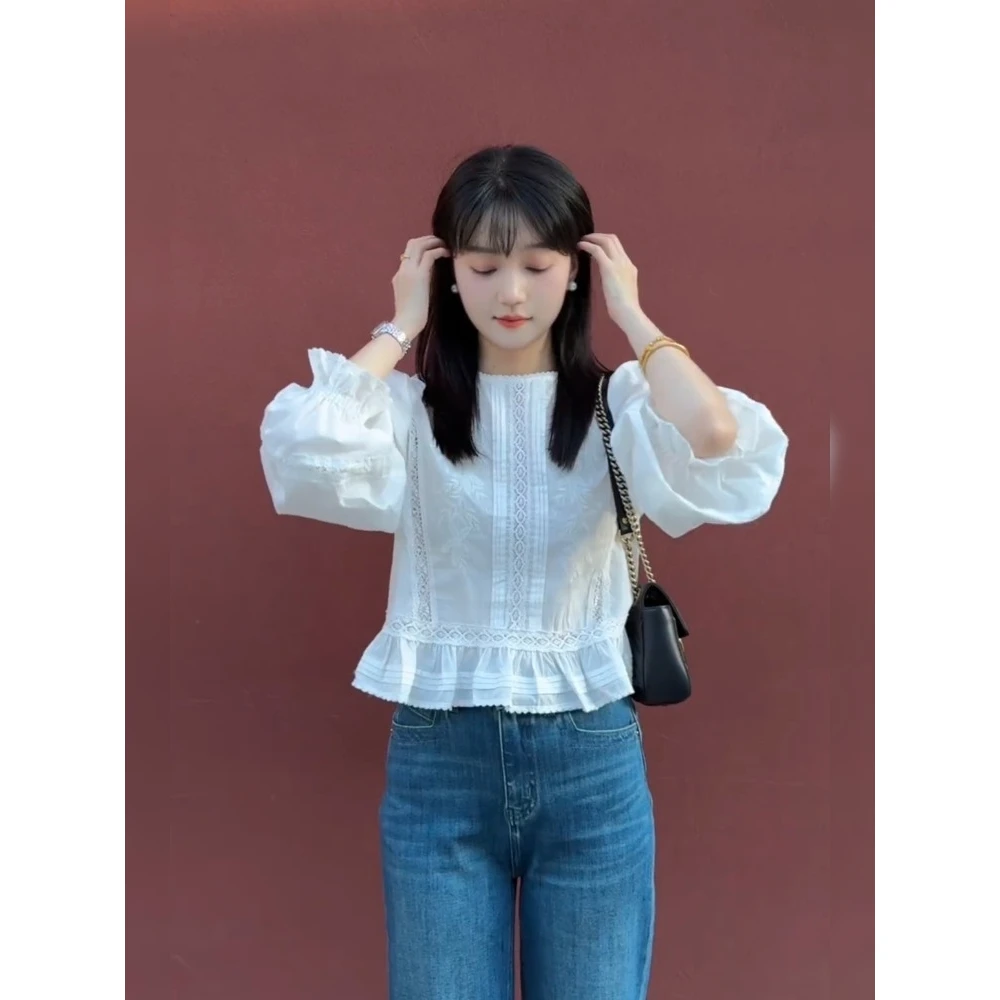 2025早秋巨好看的小衫法式别致很仙的白色蕾丝长袖衬衫女通勤上衣