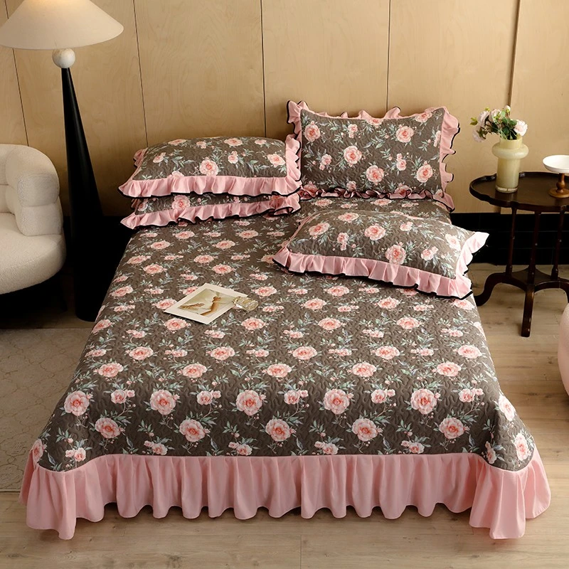四季花市法式田园风亲肤棉床盖三件套防滑枕套花边高档床品套件