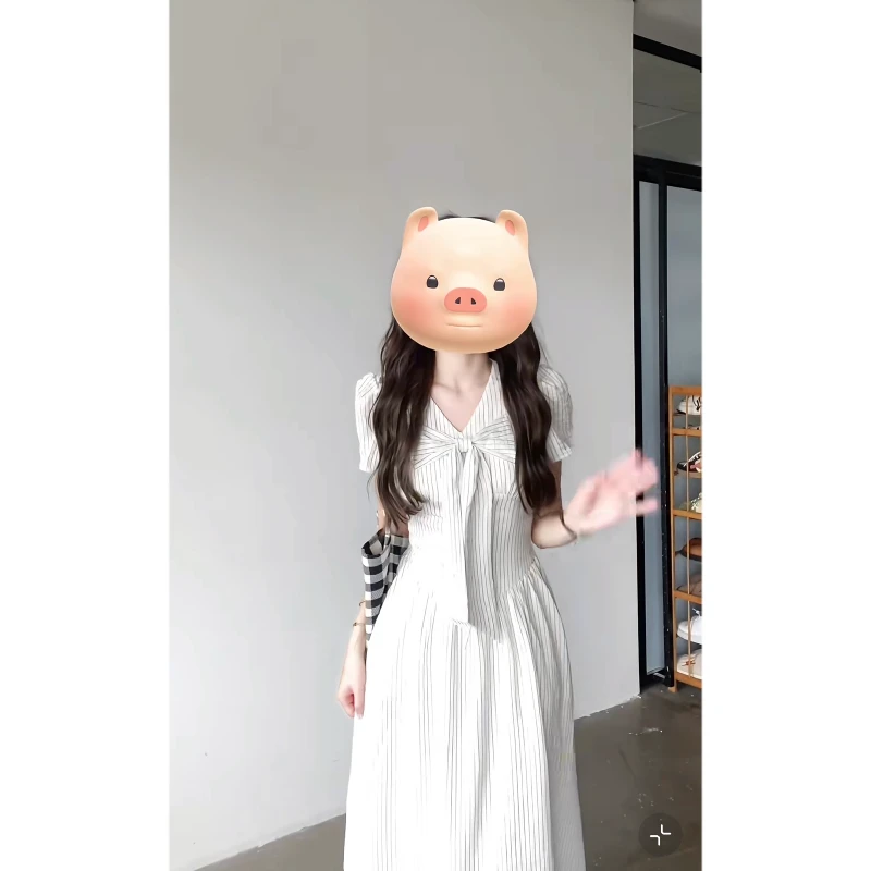 大码夏季新款法式气质高级感V领蝴蝶结条纹连衣裙胖MM显瘦长裙子